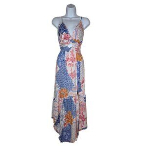 Angie Pink Blue Floral Asymmetric Hem Maxi Sundress Smocked Slit M NWOT Boho